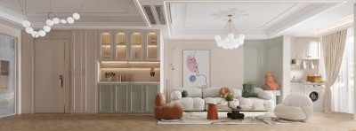 法式奶油风客餐厅3D模型下载